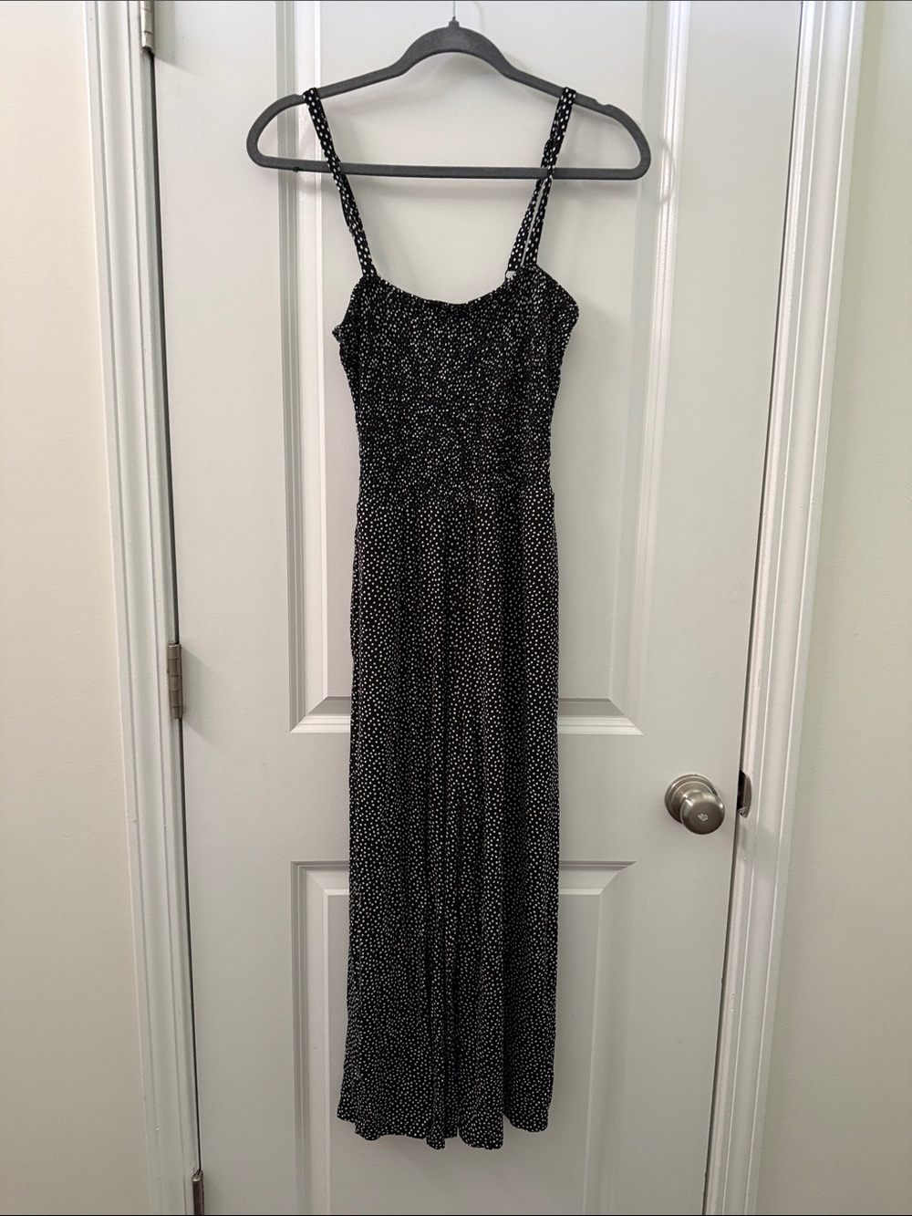 Black Polka Dot Maxi Dress with Smocked Bodice